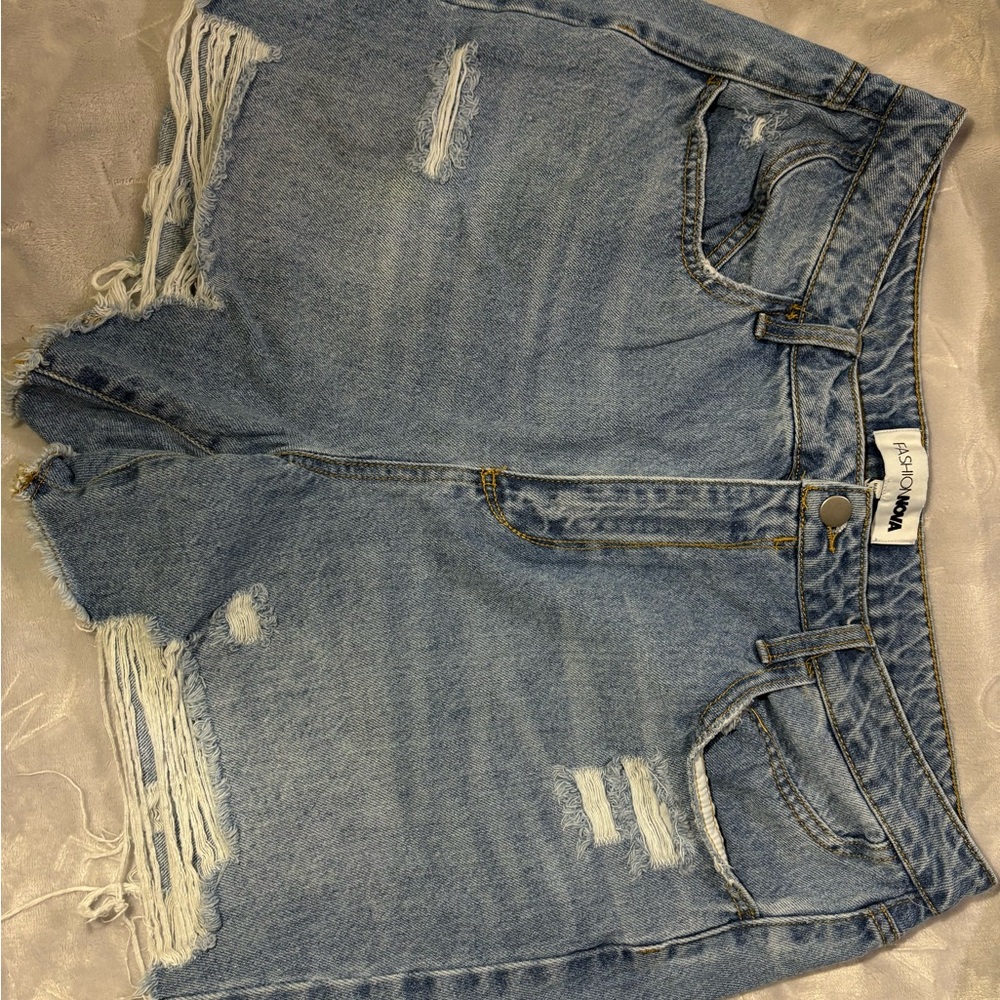 Fashion Nova Light Blue Distressed Jean Shorts